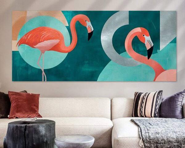 Flamingos vor geometrischem Hintergrund