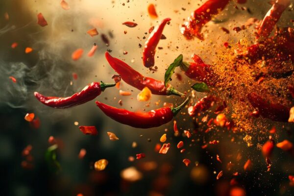 Fliegende Chilis mit Gewürzexplosion