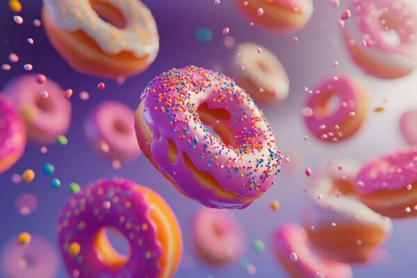 Fliegende Donuts in buntem Zuckerglanz