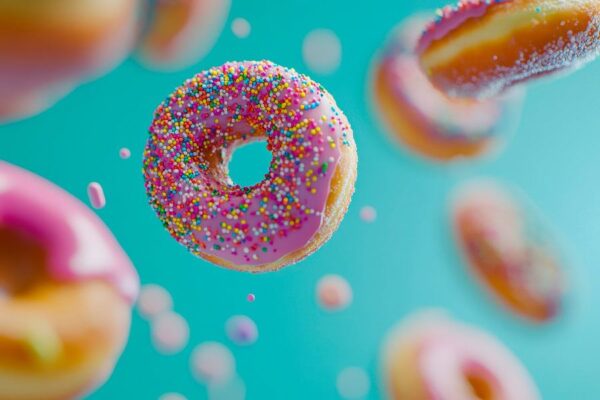 Fliegende Donuts mit bunten Streuseln