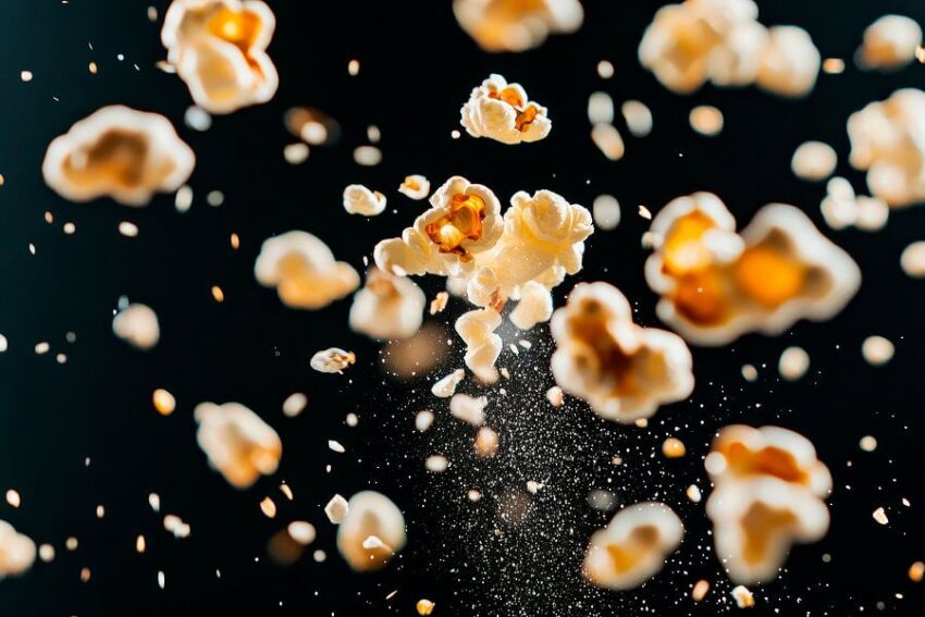 Fliegendes Popcorn auf schwarzem Hintergrund