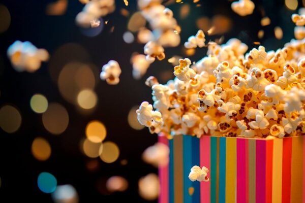 Fliegendes Popcorn vor bokeh Hintergrund