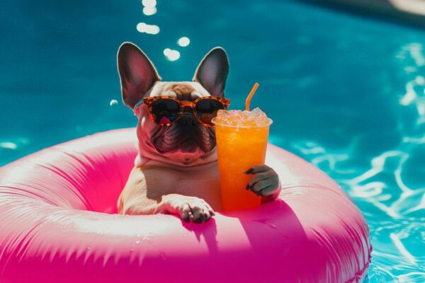 Französische Bulldogge am Poolurlaub