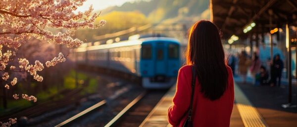 Frau am Bahnhof im Frühling