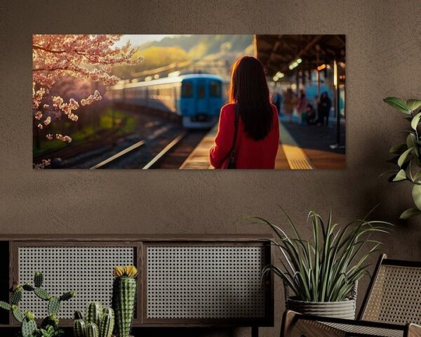 Frau am Bahnhof im Frühling