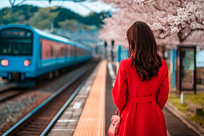 Frau am Bahnhof mit Kirschblüten