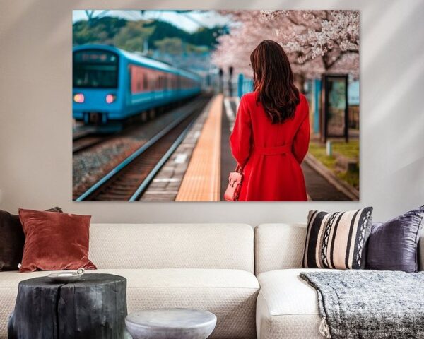 Frau am Bahnhof mit Kirschblüten