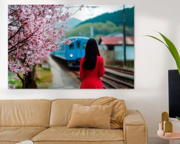 Frau am Bahnsteig mit Kirschblüten