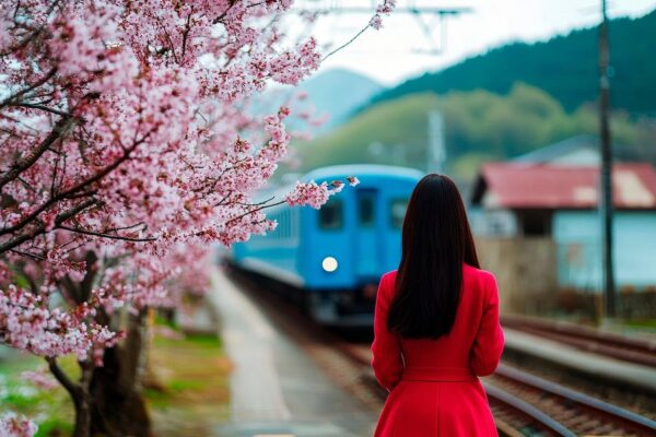 Frau am Bahnsteig mit Kirschblüten