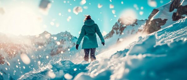 Frau im Schnee mit Bergblick