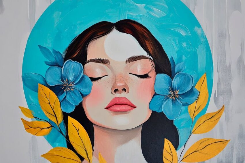 Frau mit Blumen und blauer Aura – Modern