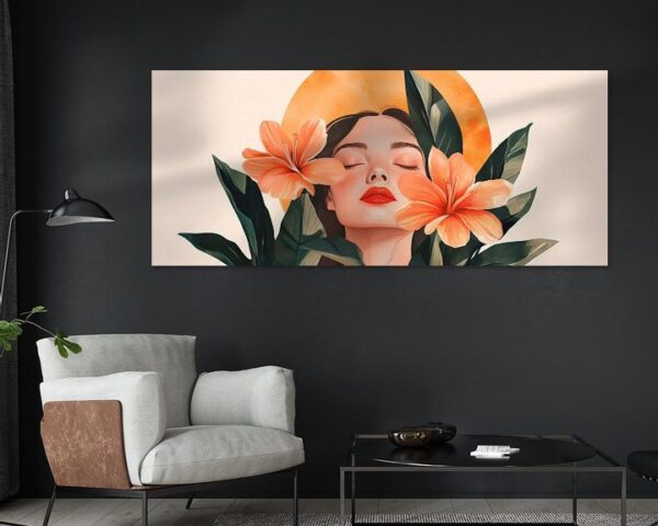 Frau mit Blumen und Sonnenstrahlen