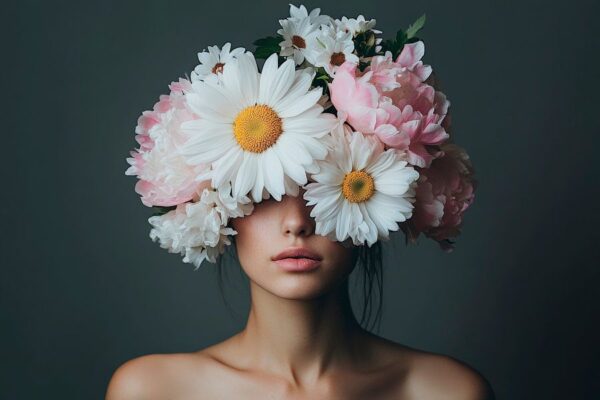 Frau mit Blumenkranz im Porträt