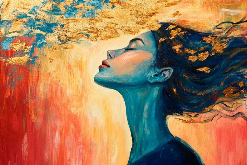 Frau mit goldener Gedankenwolke