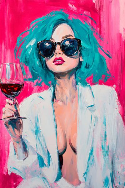 Frau mit grünem Haar und Wein – Pop-Art