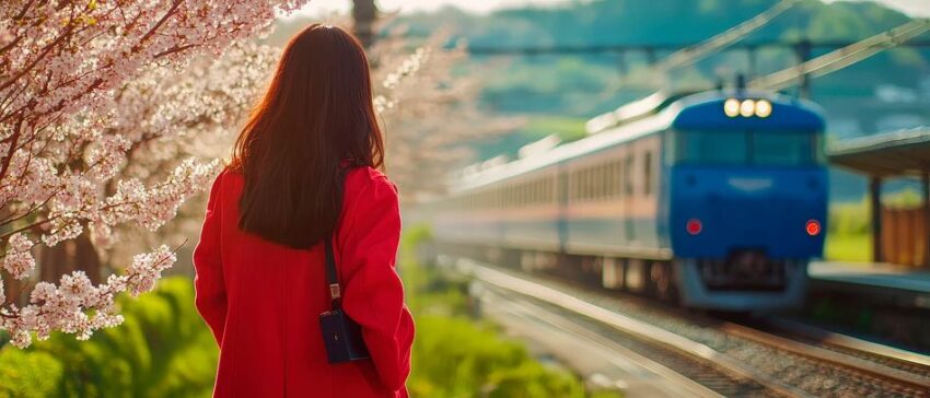 Frau wartet am Bahnsteig mit Zug