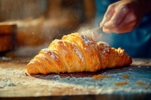 Frisch gebackenes Croissant mit Puderzucker