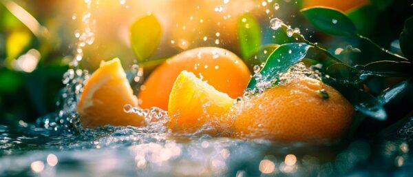 Frische Orangen im spritzigen Wasserrausch