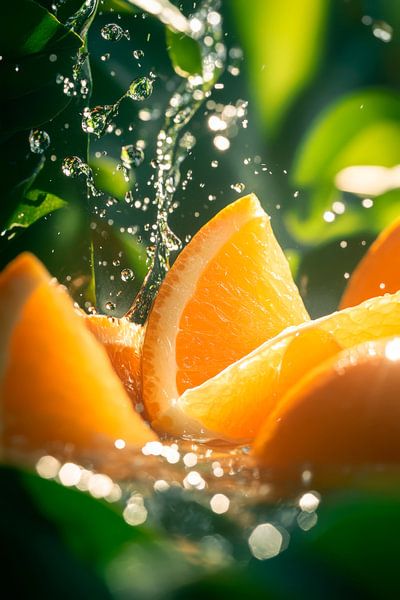 Frische Orangenscheiben im Spritzwasser