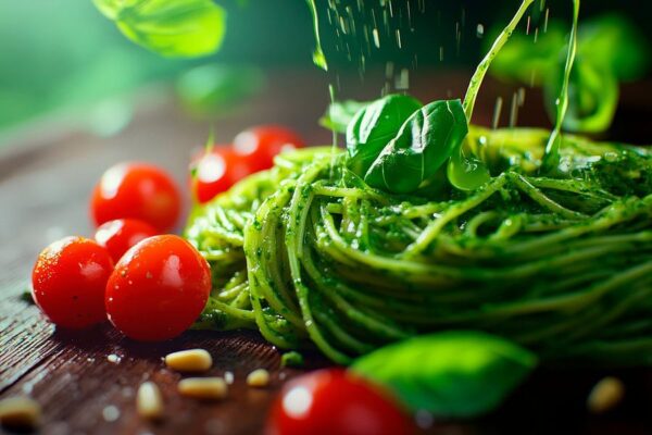 Frische Pasta mit Basilikum und Tomaten