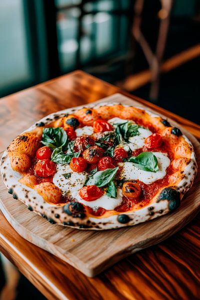 Frische Pizza mit Basilikum und Tomaten