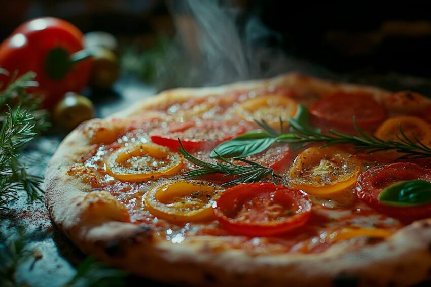 Frische Pizza mit buntem Gemüse dekoriert