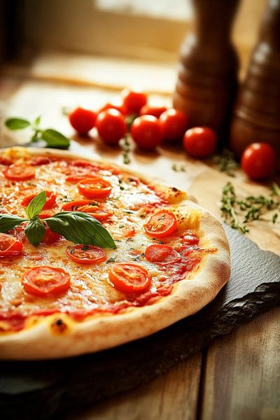 Frische Tomaten-Pizza auf Holztablett