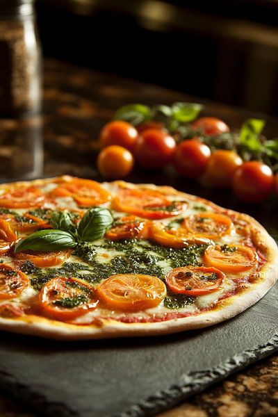 Frische Tomatenpizza auf schwarzem Stein