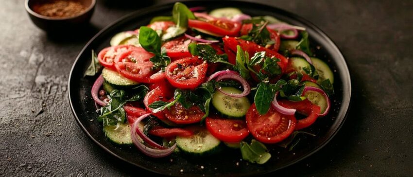 Frischer Gemüse-Salat auf dunklem Teller