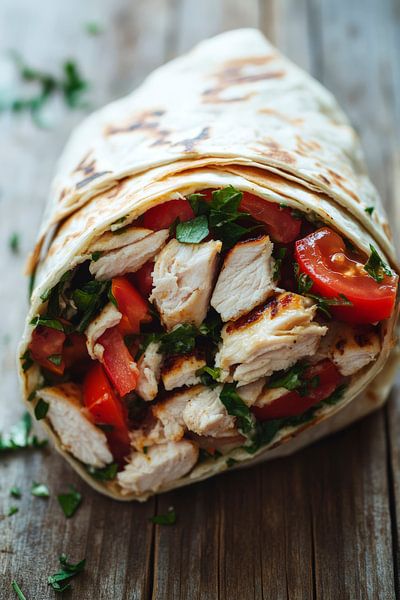 Frischer Hähnchen-Wrap mit Gemüsefüllung