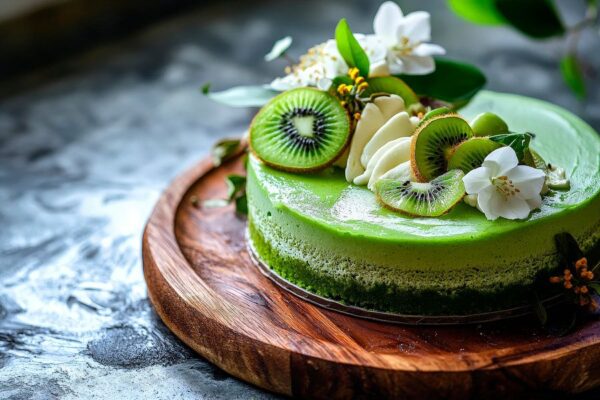 Frischer Kiwi-Kuchen mit Blüten dekoriert