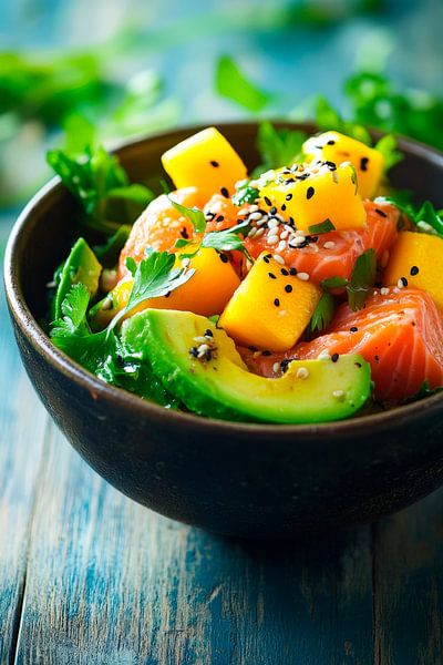 Frischer Lachs mit Mango und Avocado-Salat