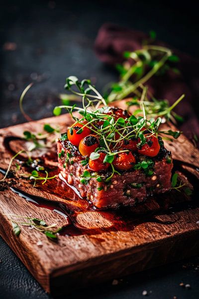 Frisches Beef Tartare mit Kräutern dekoriert