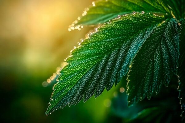 Frisches Blatt mit Tauperlen im Licht