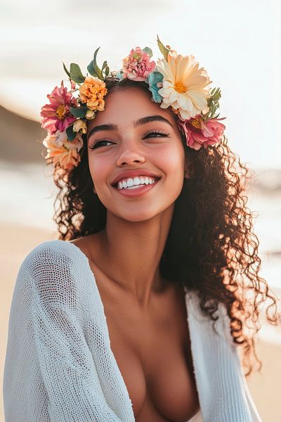 Fröhliches Porträt mit Blumenkranz am Strand