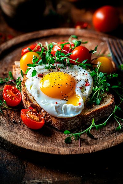 Frühstück auf Holzbrett: Ei und Tomaten