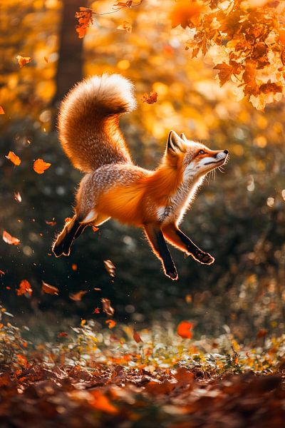 Fuchs springt durch herbstliche Blätter