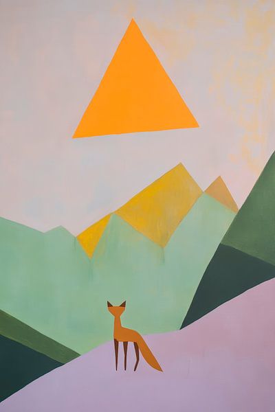 Fuchs vor geometrischer Berglandschaft