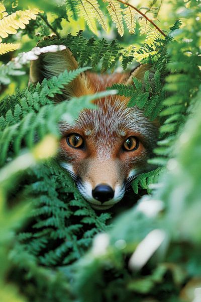 Fuchsblick durch farnbedecktes Grün