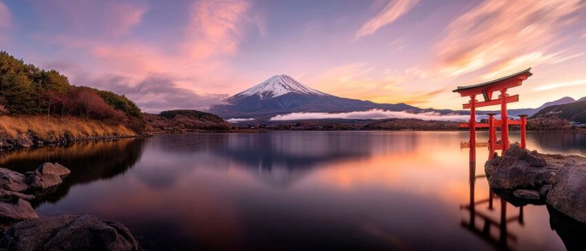 Fuji und Torii im Abendlicht