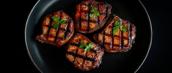 Gegrillte Steaks auf schwarzem Teller