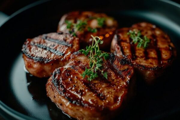 Gegrillte Steakstücke auf schwarzem Teller