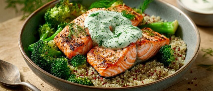 Gegrillter Lachs mit Brokkoli und Quinoa