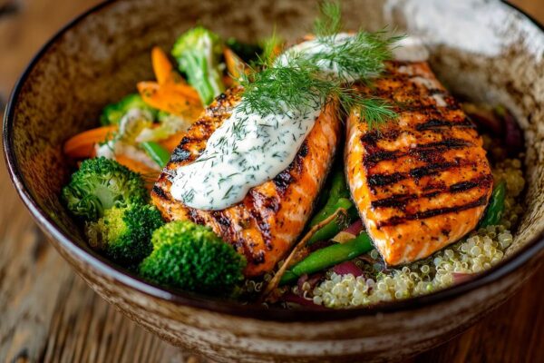 Gegrillter Lachs mit buntem Gemüse