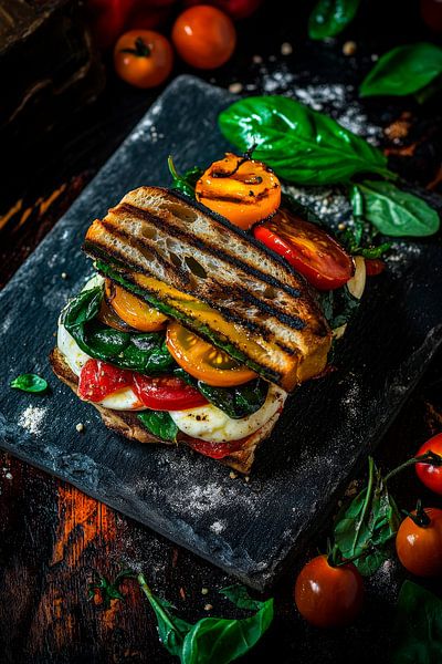 Gegrilltes Gemüsebrötchen mit Spinatsalat