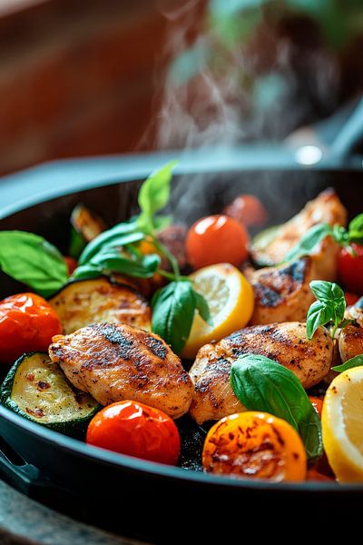 Gegrilltes Hähnchen mit Gemüse und Kräutern