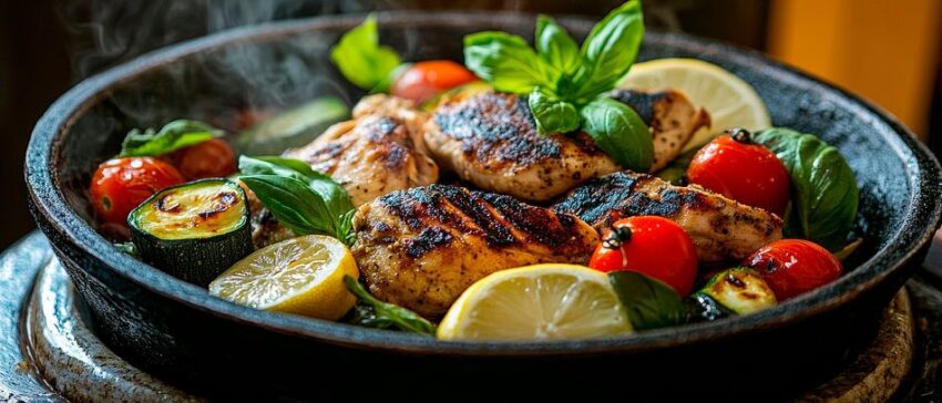 Gegrilltes Hähnchen mit Gemüse und Zitrone