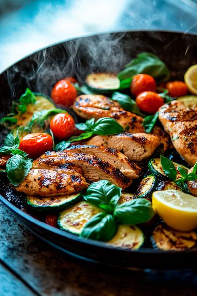 Gegrilltes Hähnchen mit Gemüsepfanne