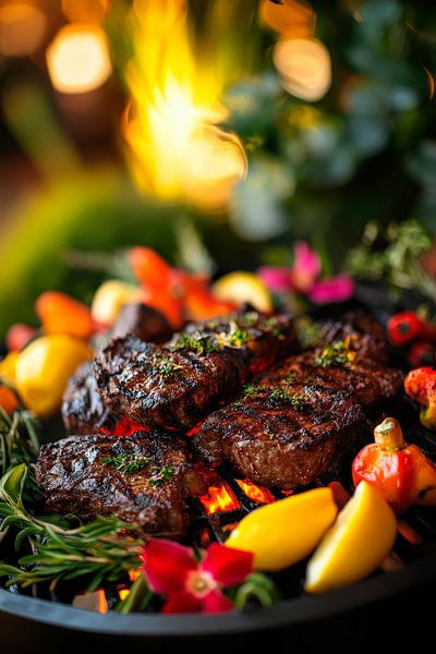 Gegrilltes Steak mit buntem Gemüse und Kräutern