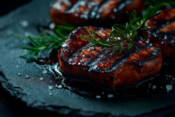 Gegrilltes Steakarrangement auf Steinplatte